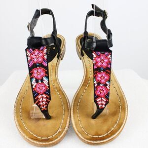 Kate Spade Saborsa Sandal Leather Beaded Buckle Ankle T-Strap Black Size  6.5 m